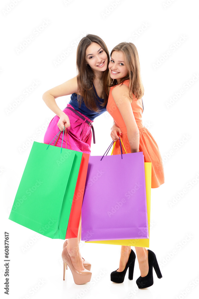 full length portrait of beautiful happy teen girls with colored
