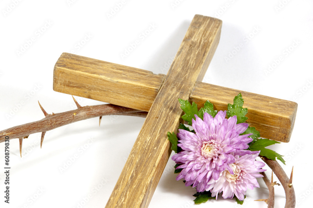 Wooden Cross Crown Of Thorns With Chrysanthnum