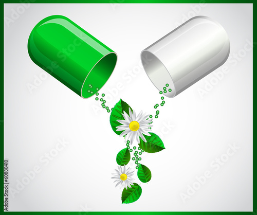 open capsule with leaves and chamomile flowers