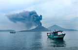 Boat near Anak Krakatau. Volcano eruption. Indonesia