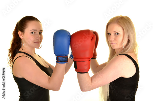 sport training of two boxing young woman photo