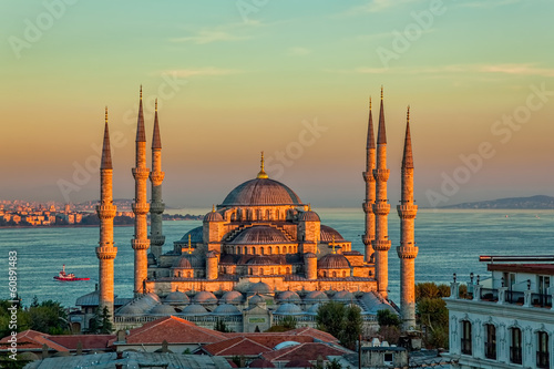 Fotografie, Obraz Modrá mešita v Istanbulu v západu slunce