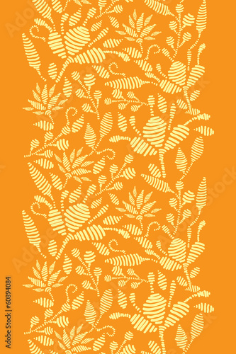 Vector golden floral embroidery vertical border seamless pattern