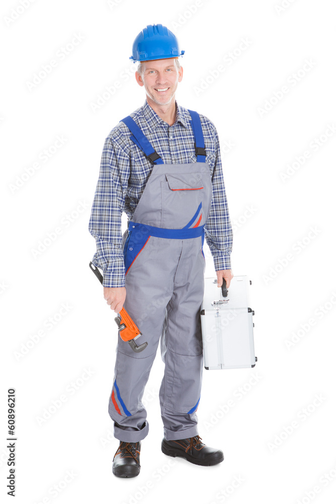 Male Worker Holding Toolbox And Wrench Male Worker Holding Toolbox And Wrench