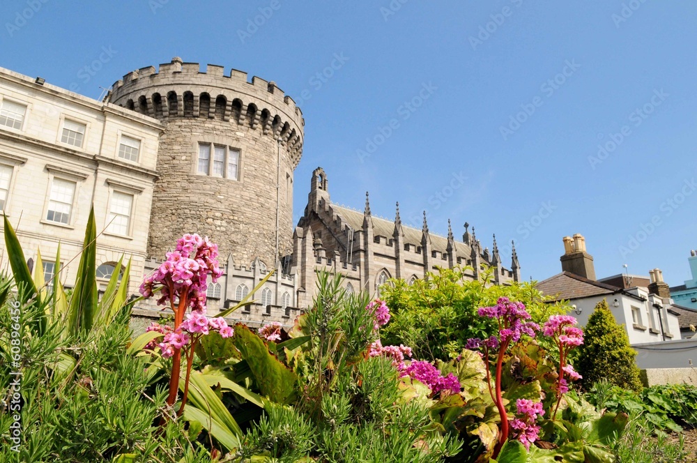 Fototapeta premium Dublin Castle z ogrodów Dubh Linn w słoneczny wiosenny dzień