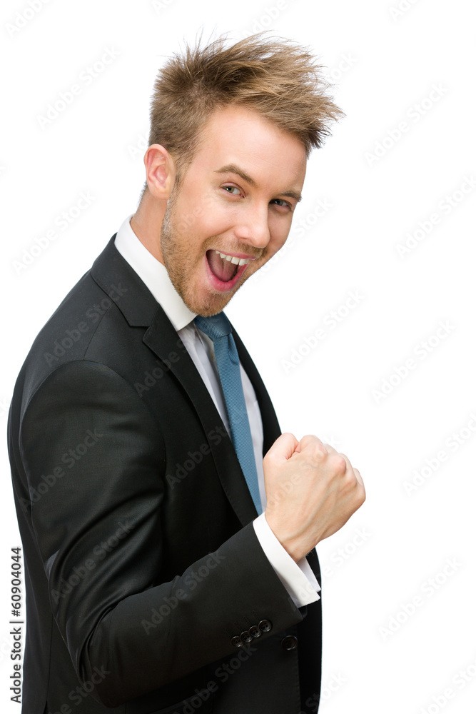 Half-length portrait of happy manager fists gesturing Half-length portrait of happy manager fists gesturing