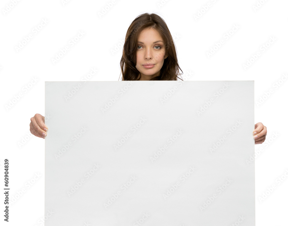 Half-length portrait of serious woman keeping copyspace Half-length portrait of serious woman keeping copyspace