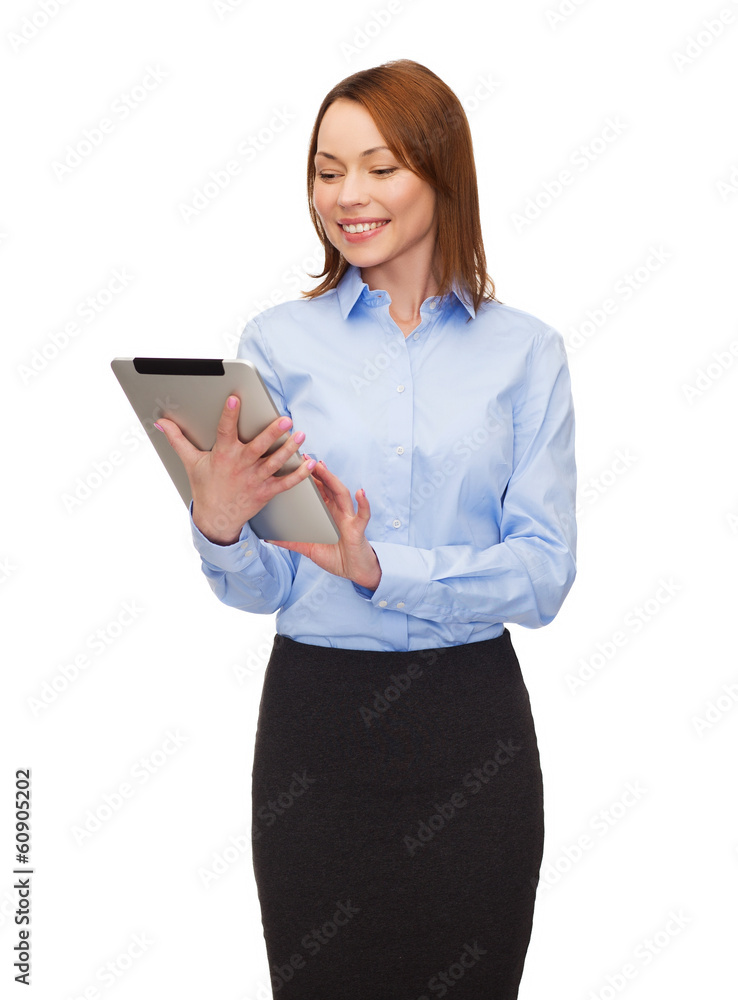 smiling woman looking at tablet pc smiling woman looking at tablet pc
