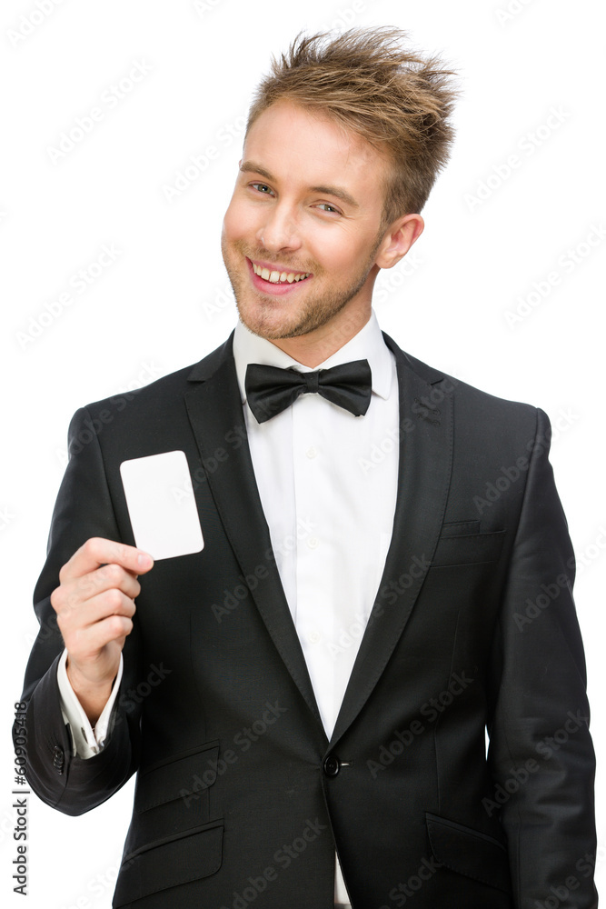 Half-length portrait of businessman keeping business card Half-length portrait of businessman keeping business card
