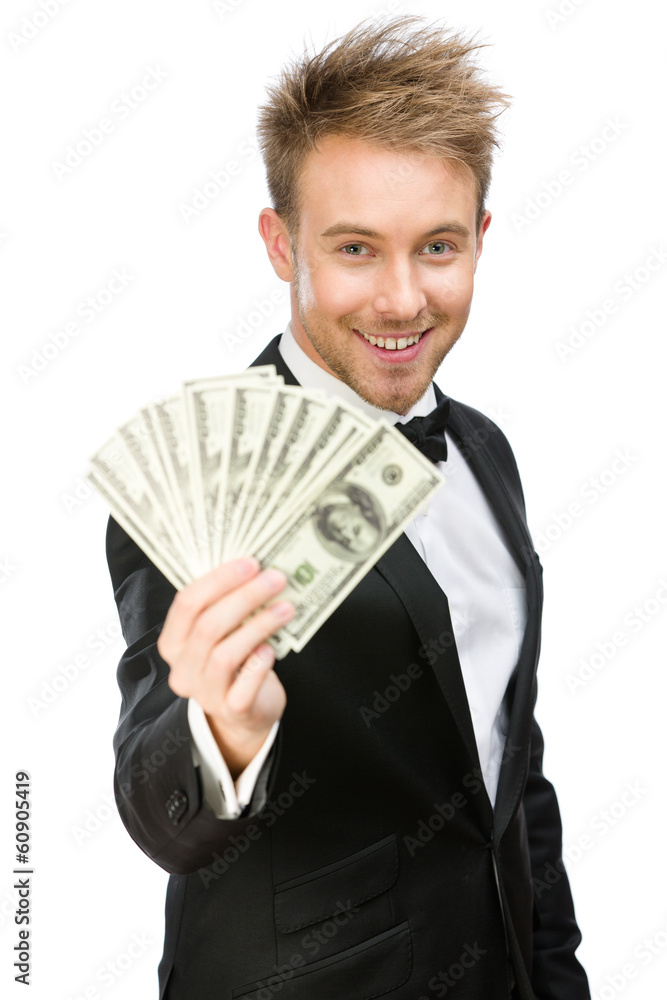 Half-length portrait of businessman handing cash Half-length portrait of businessman handing cash