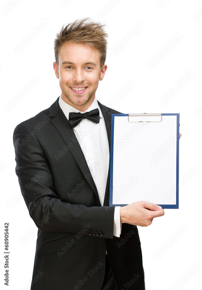 Half-length portrait of businessman showing folder