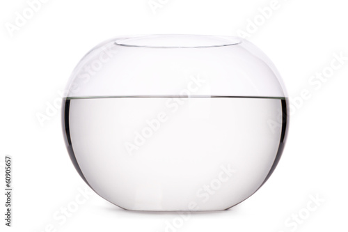 Close up of glass aquarium full of water, isolated on white