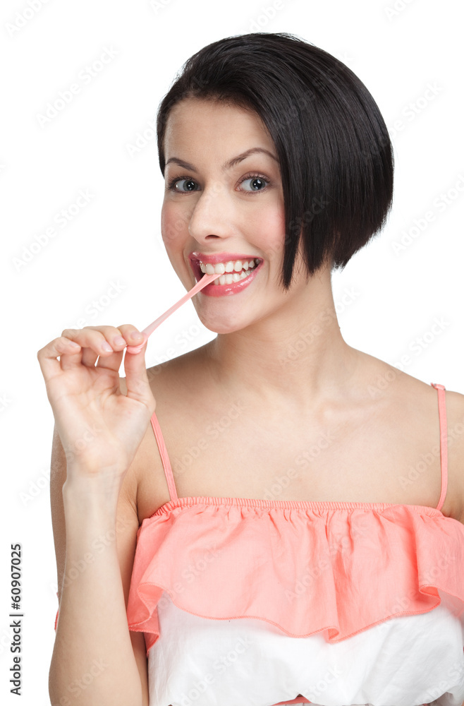 Woman and chewing gum, isolated on white Woman and chewing gum, isolated on white