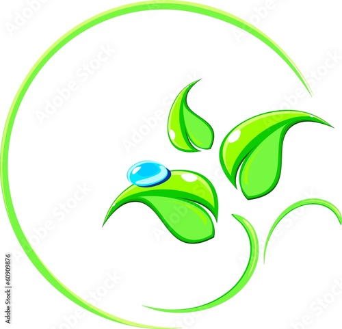 Logo with a picture of green leaves and water drops