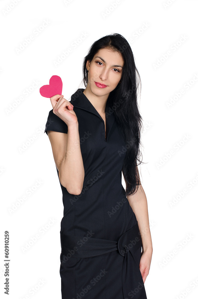 brunette in black dress with  heart made ​​of paper