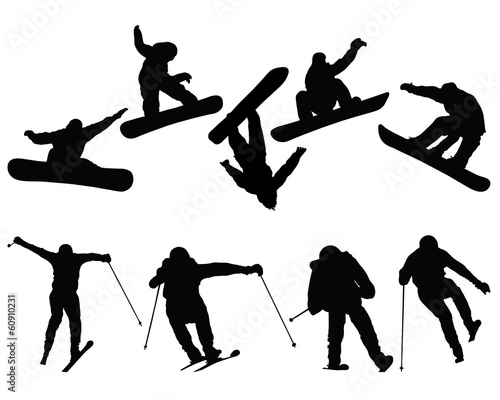 Silhouettes of snowboard and ski jumpers, vector