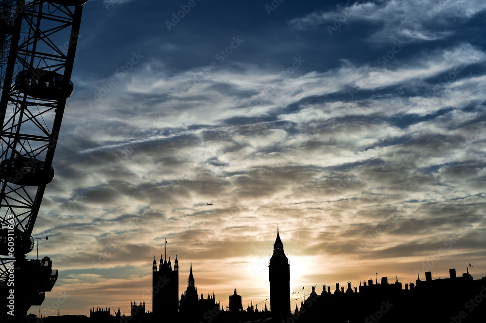 London Eye and Big Ben during sunset