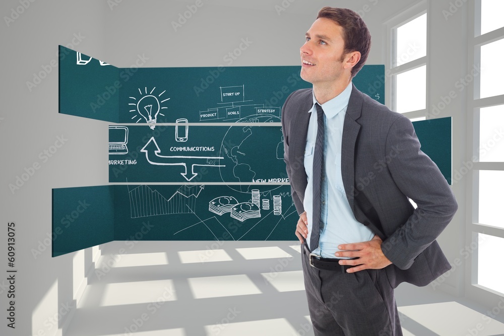 Composite image of cheerful businessman standing with hands on h Composite image of cheerful businessman standing with hands on h