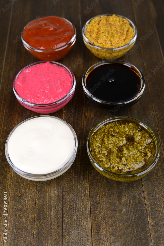 Various sauces on table close-up Various sauces on table close-up