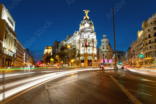 Alcala and Gran Via street in Madrid by night