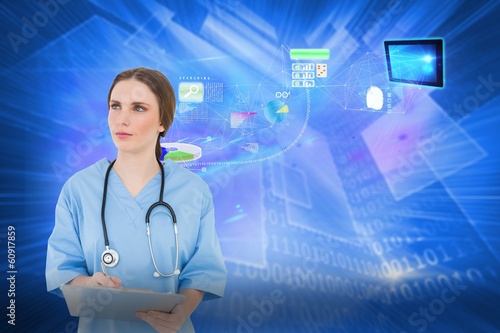 Composite image of thoughtful female doctor holding a clipboard