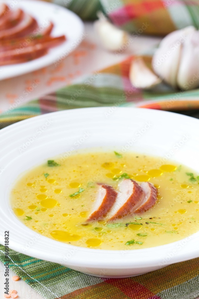 Cream soup of red lentil with smoked meat, duck, chicken Cream soup of red lentil with smoked meat, duck, chicken
