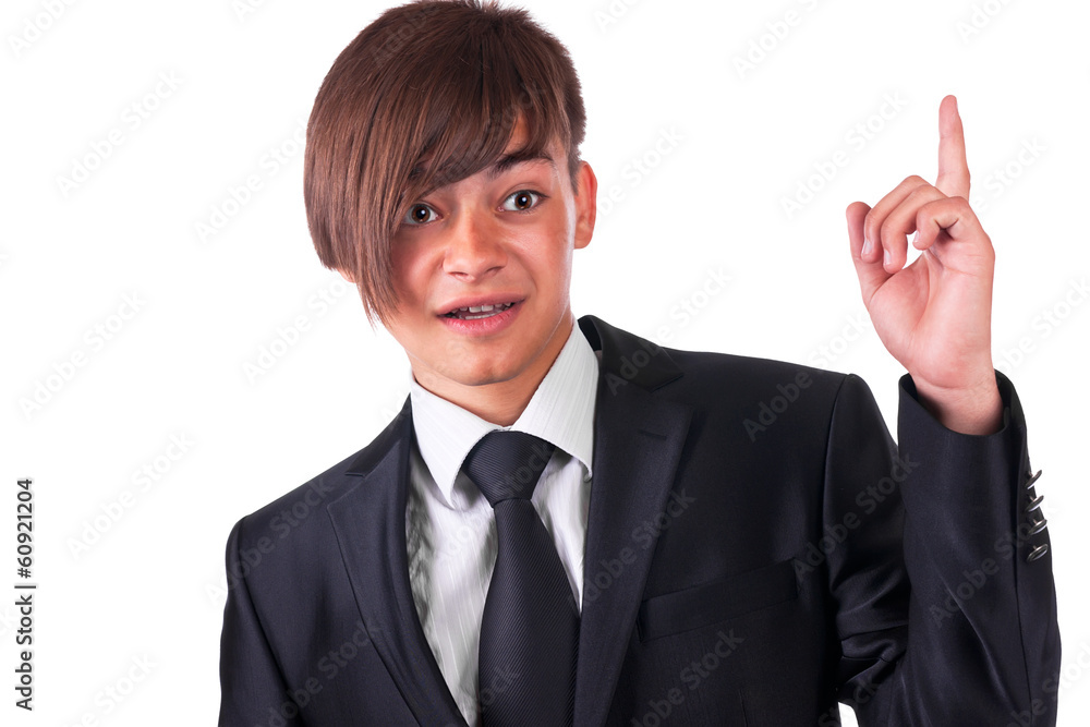 Surprised businessman raised his forefinger Surprised businessman raised his forefinger