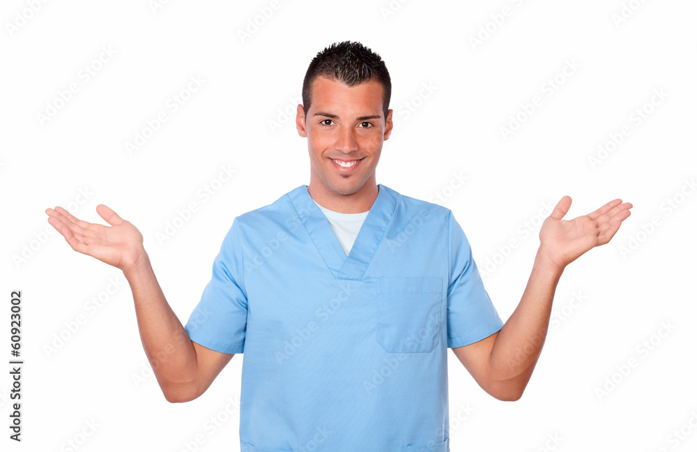 Adult male nurse holding up his palms Adult male nurse holding up his palms