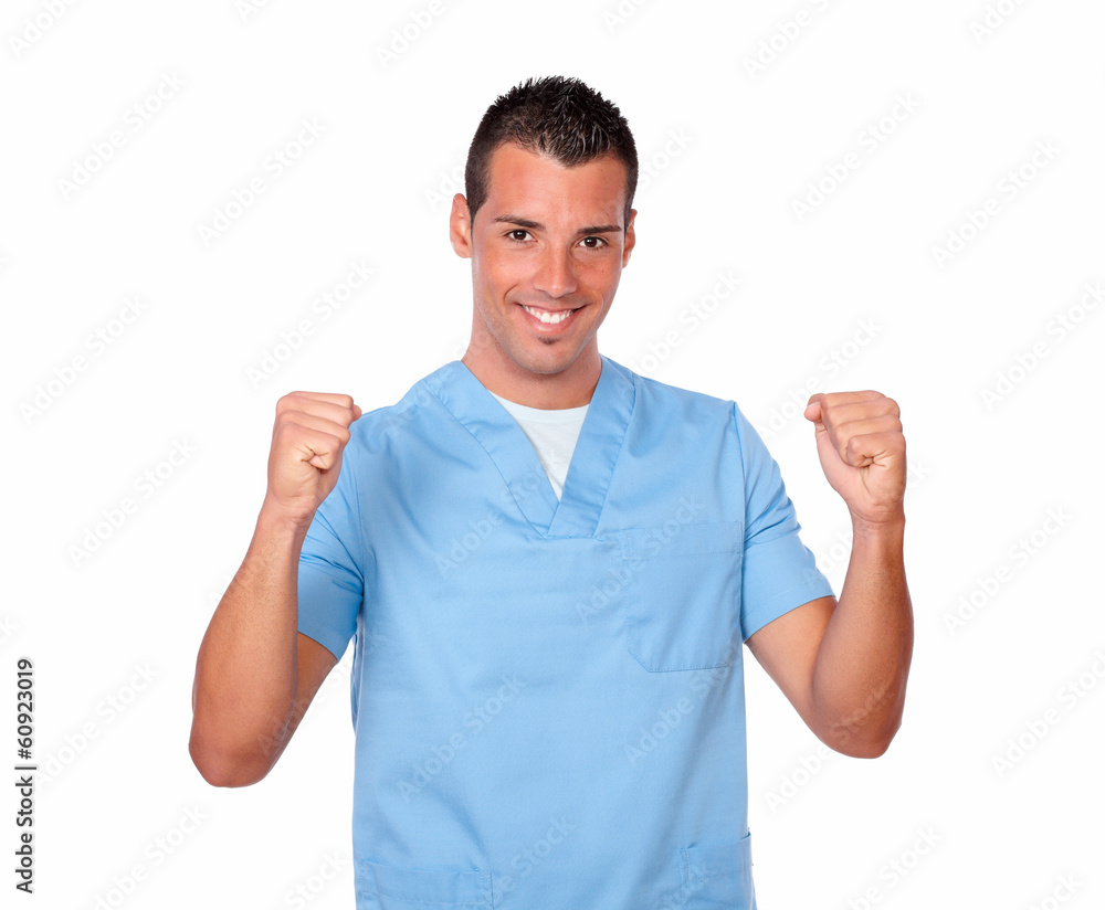 Professional male nurse celebrating his victory Professional male nurse celebrating his victory