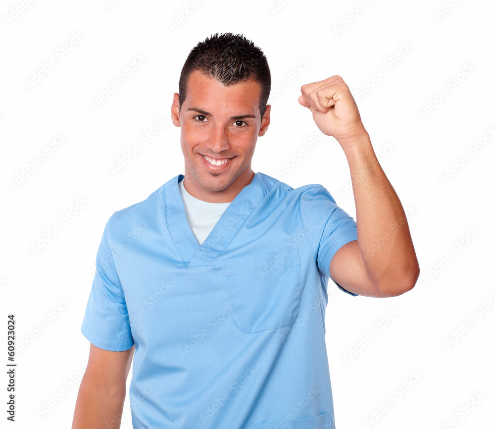 Cheerful nurse man celebrating his victory Cheerful nurse man celebrating his victory