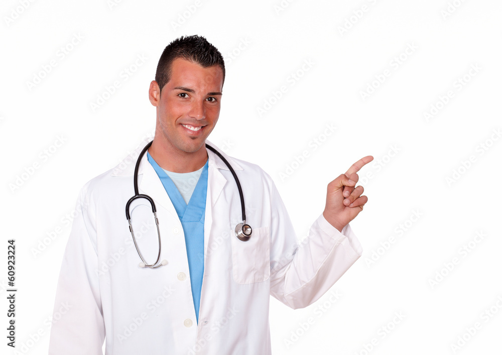 Charming male doctor pointing to his left