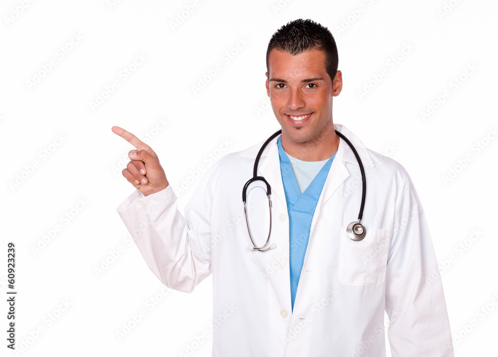 Attractive male doctor pointing to his right