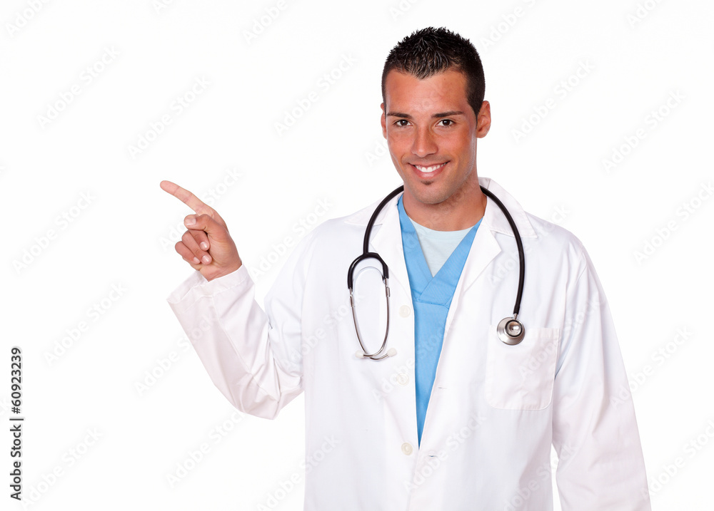 Attractive male doctor pointing to his right Attractive male doctor pointing to his right