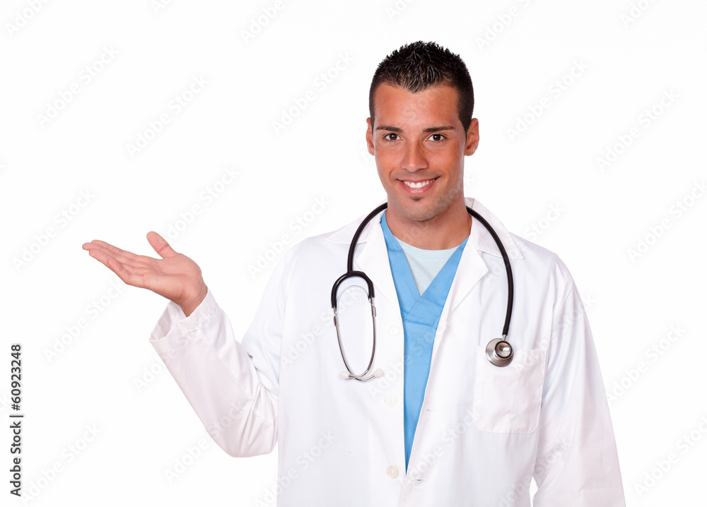 Medical hispanic doctor holding out his right palm Medical hispanic doctor holding out his right palm