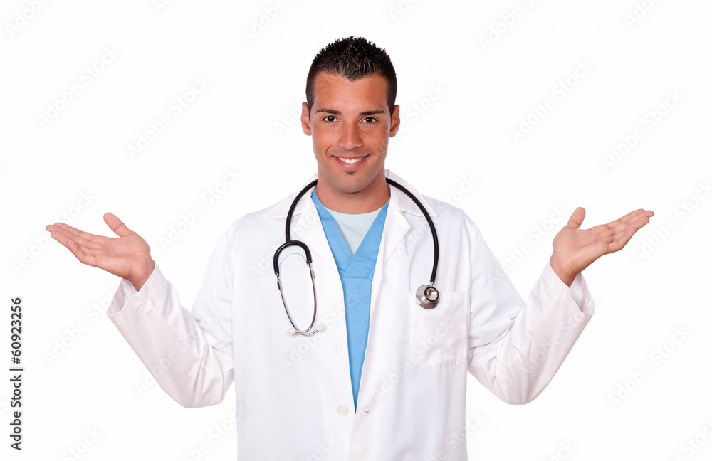 Medical latin doctor holding out his palms