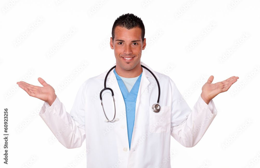 Medical latin doctor holding out his palms Medical latin doctor holding out his palms