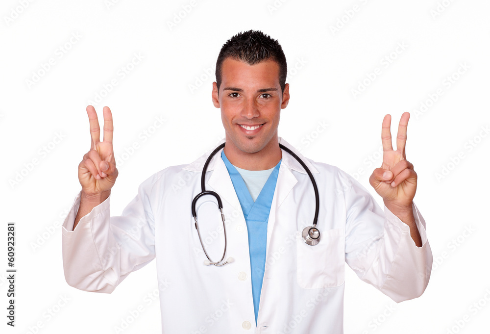 Handsome male doctor with two winning sign Handsome male doctor with two winning sign