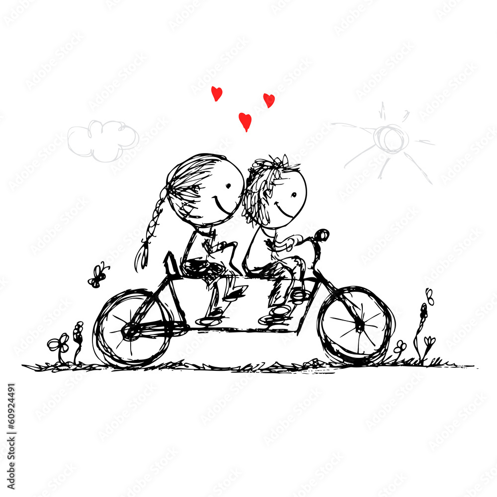 Couple cycling together, valentine sketch for your design