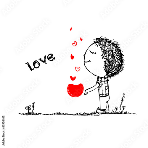 Boy with red heart, valentine card sketch for your design