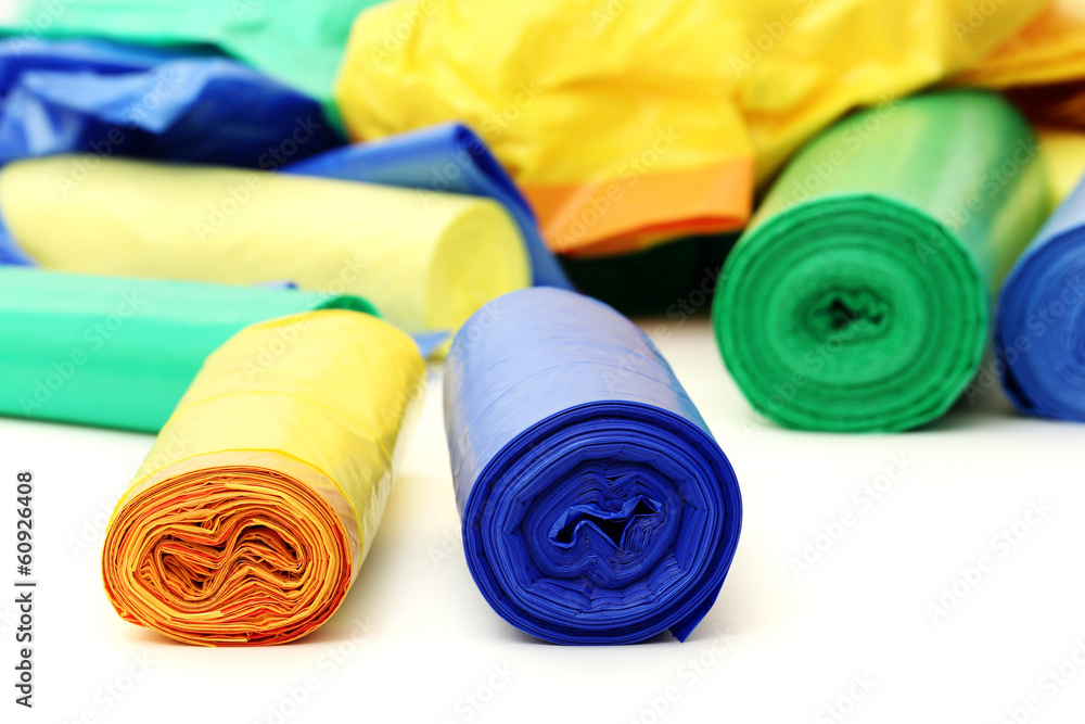 A lot of colorful garbage bags