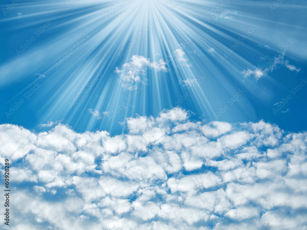 Blue sky with sun rays and clouds, nature background Stock Photo ...