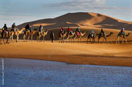 Caravan of tourists passing desert lake on camels