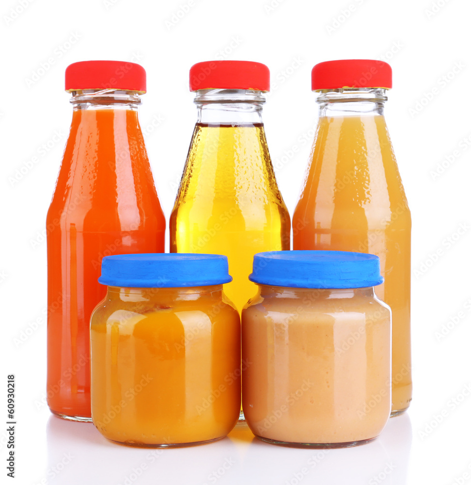 Baby food in glass jars, isolated on white Baby food in glass jars, isolated on white