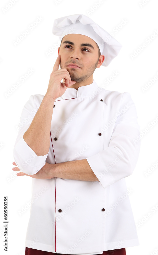 Professional chef in white uniform and hat, isolated on white Professional chef in white uniform and hat, isolated on white