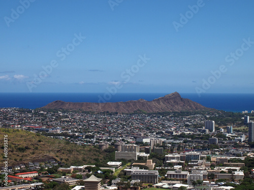Diamondhead and the city of Honolulu of Oahu on a clear sky day