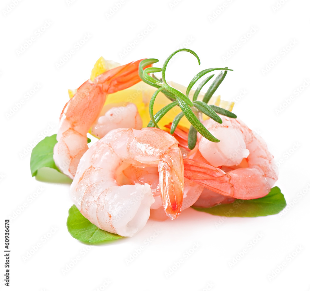 Tail of shrimp with fresh lemon and rosemary on the white Tail of shrimp with fresh lemon and rosemary on the white