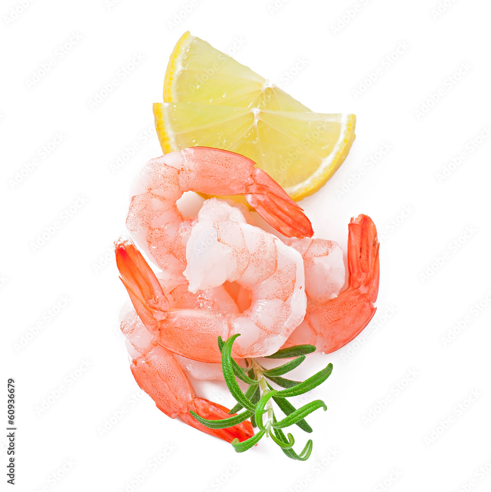 Tail of shrimp with fresh lemon and rosemary on the white Tail of shrimp with fresh lemon and rosemary on the white