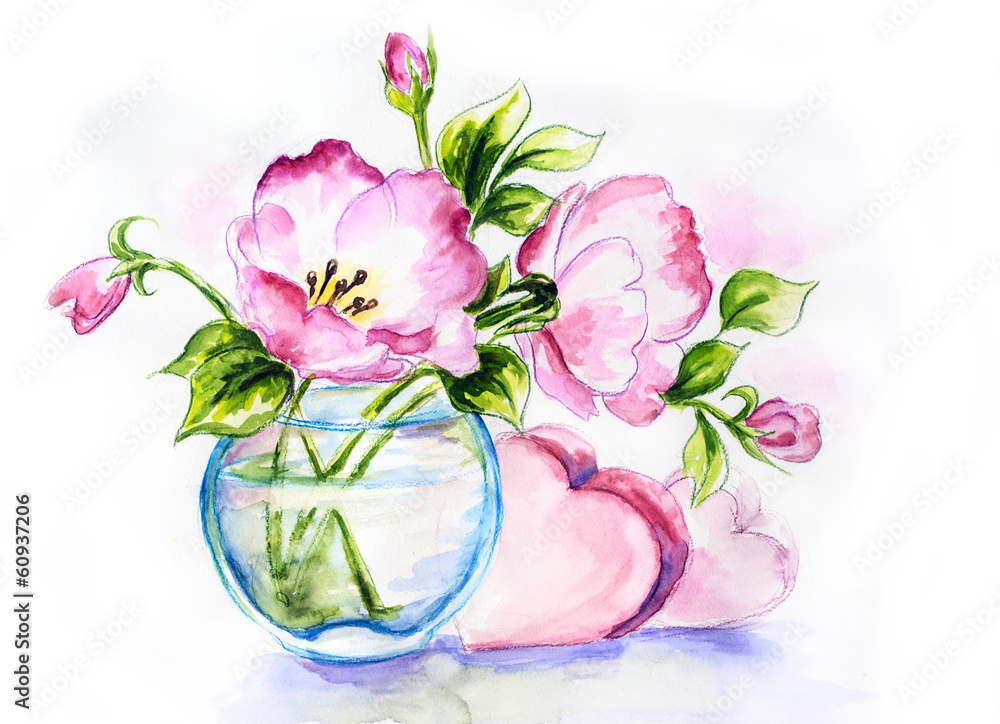 Obraz premium Spring flowers in vase, watercolor painting