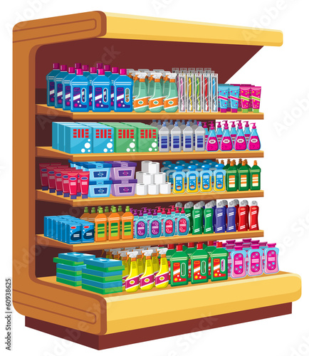 Shelfs with household chemicals.