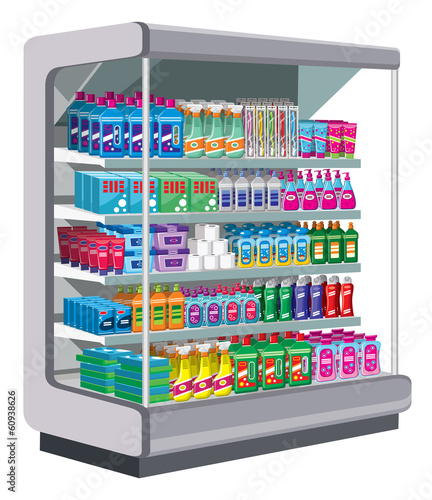 Shelfs with household chemicals.
